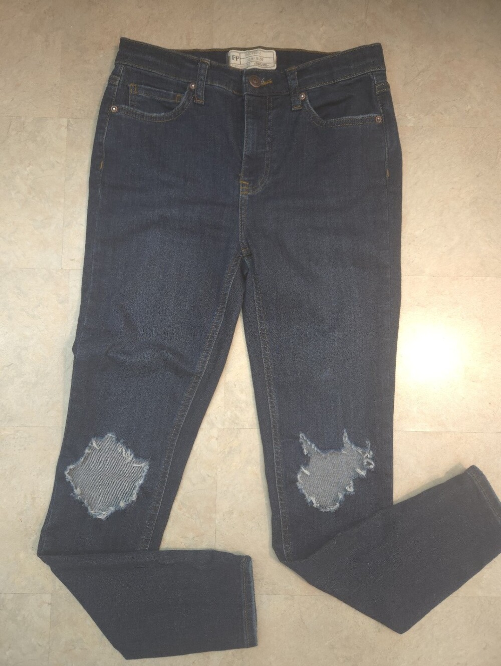 Free People Dark Blue High Rise Distressed Knee Patch Skinny Jeans Size 27R